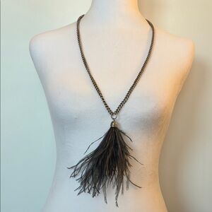 J Crew Bohemian Black Feather Pendant Long Necklace